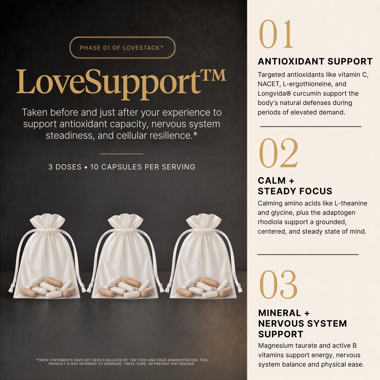 LoveSupport Phase 01 supplement packaging and usage information. The left side shows three small white drawstring pouches filled with capsules on a dark charcoal background, with the LoveSupport brand name in gold.