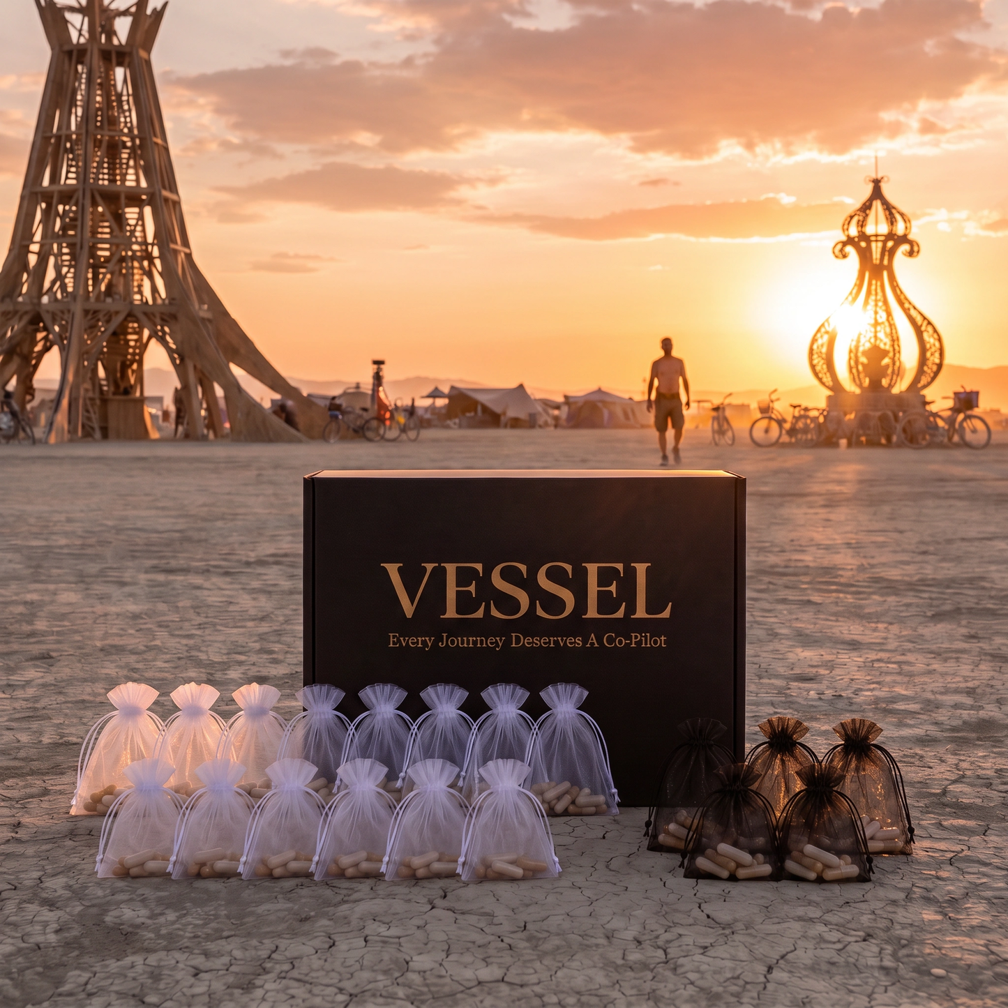 A black Vessel gift box with gold lettering stands on a cracked desert ground at sunset, with small sheer gift bags filled with nuts arranged in front. The background shows a large wooden structure and a person walking in the distance under a warm orange sky.