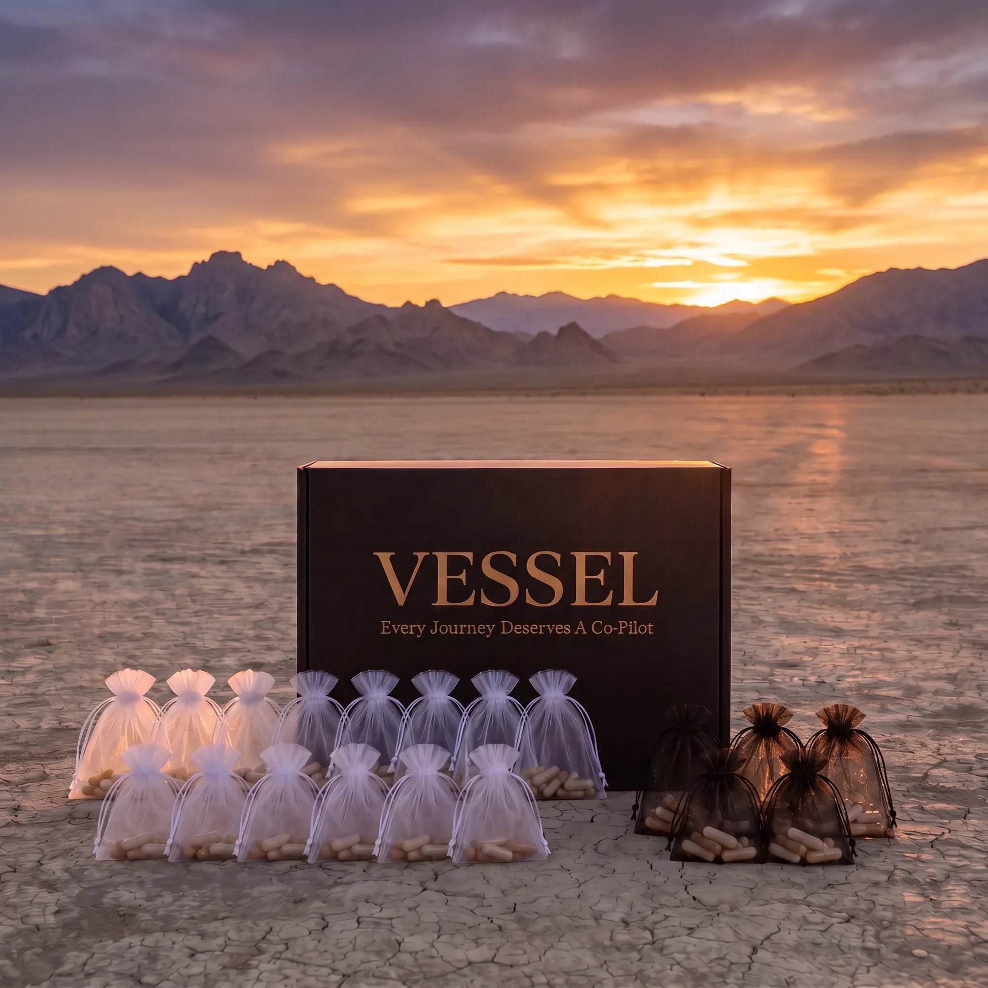 A black VESSEL gift box stands on a cracked desert floor with mountains and a glowing sunset in the background. Several small sheer gift bags filled with nuts are arranged around the box.
